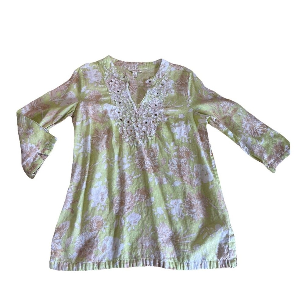 Charter Club Luxury Linen Tunic Top Size L Chartreuse Floral Embellished
